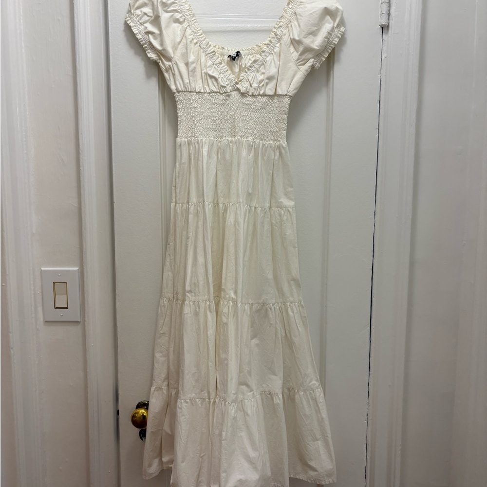 DANIELLE BERNSTEIN White Ruched Puff Sleeve Maxi Dress